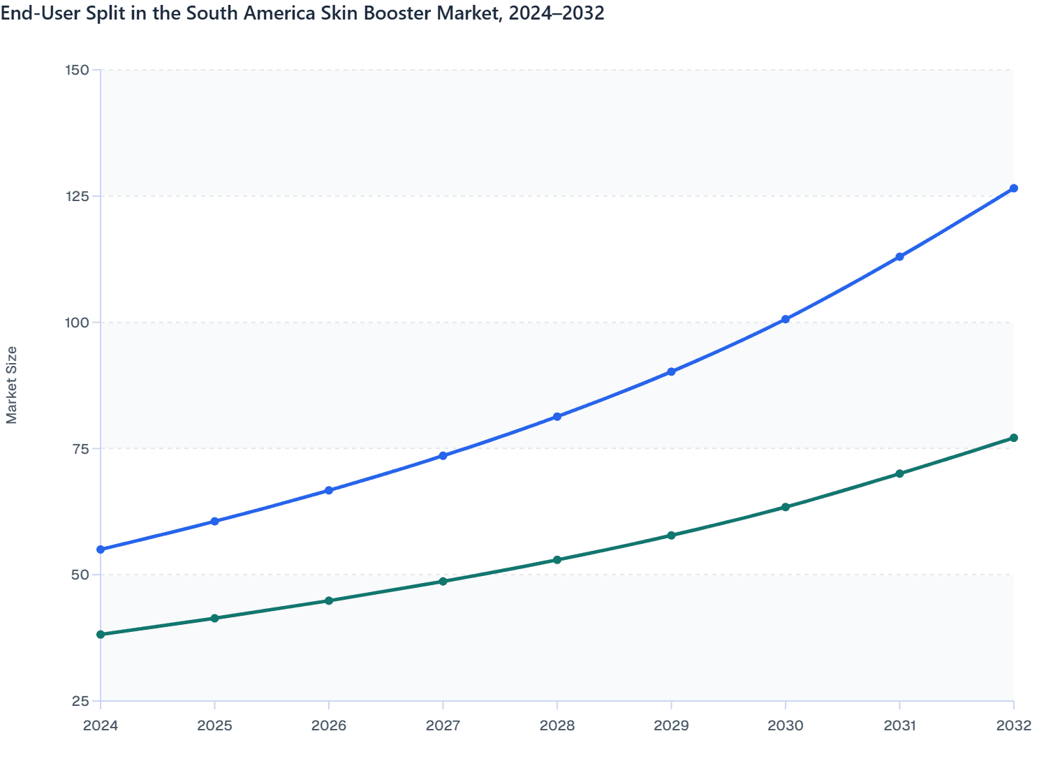End-User Split in the South America Skin Booster Market, 2024–2032